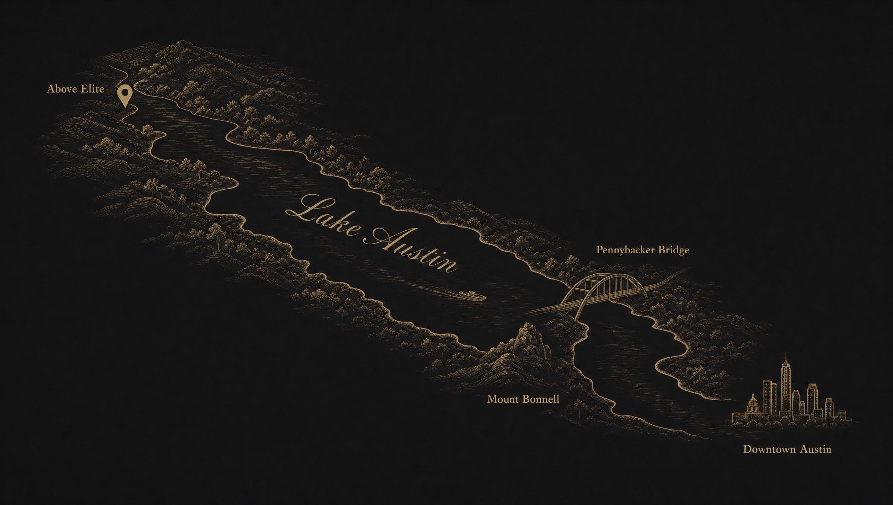 An illustrated gold map of Lake Austin showing Above Elite on the northwest bank, with Pennybacker Bridge, Mount Bonnell, and downtown Austin